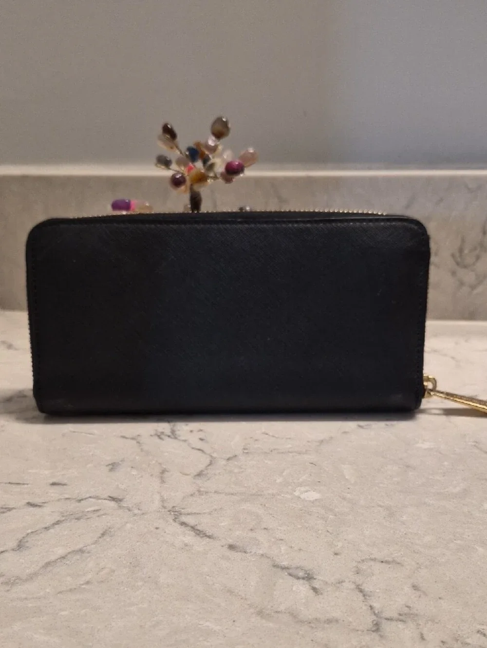 Michael Kors Black Zip-Around Saffiano Wallet with Gold Logo